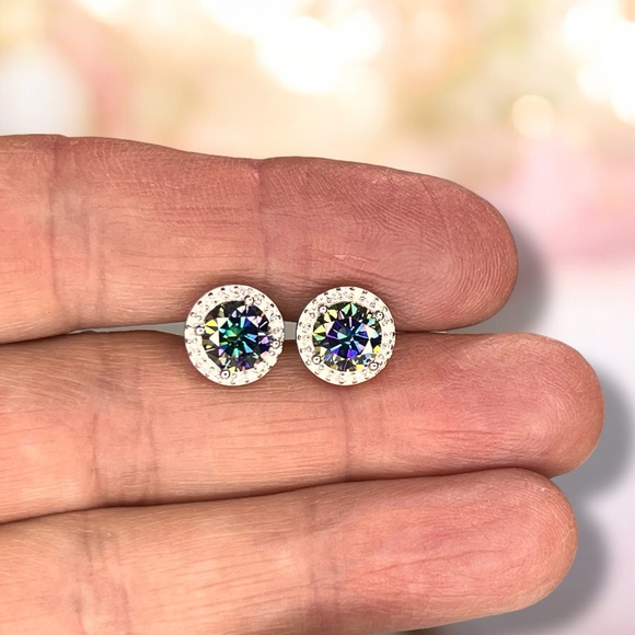 Mystic Moissanite Earrings Handcrafted in Halo Settings in Sterling Silver - Picture 7 of 8
